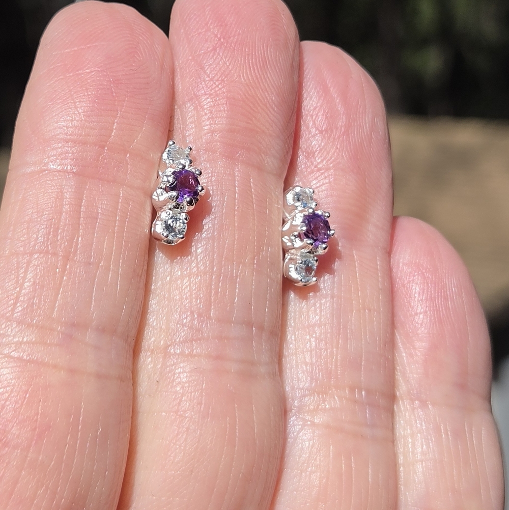 Amethyst & Blue Topaz Sterling & White Gold Earrings - Picture 5 of 9